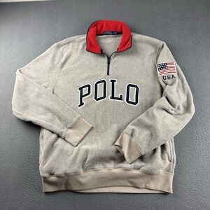Polo Ralph Lauren Pullover Men's L Gray Fleece 1/4 Zip USA Flag Spellout Sweater
